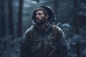 ai generiert jung Erwachsene kaukasisch Mann im Winter Wald, neural Netzwerk generiert fotorealistisch Bild foto