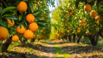 ai generiert Orangen Reifung beim Landwirtschaft Bauernhof beim sonnig Sommer- Tag, neural Netzwerk generiert fotorealistisch Bild foto