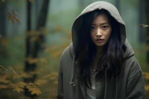 ai generiert asiatisch Frau hat verloren im Wald beim Herbst Tag, neural Netzwerk generiert fotorealistisch Bild foto