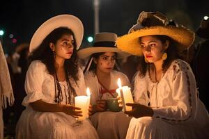 ai generiert drei Frauen mit catrina Kostüme und mit Schädel bilden halten Kerzen beim das Parade zum dia de los Muertos, neural Netzwerk generiert Bild foto