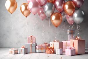 ai generiert Geburtstag Luftballons mit Geschenk Kisten im Zimmer. generativ ai. foto