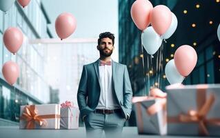 ai generiert Feier Geburtstag Konzept. Mann im grau passen mit Ballon. generativ ai. foto