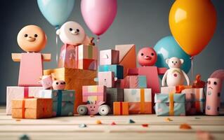 ai generiert süß Spielzeuge mit bunt Ballon und Geschenk Kasten. ai generativ foto