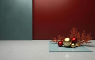 ai generiert festlich Weihnachten Szene Podium zum Produkte Vitrine oder Werbung Verkauf mit minimalistisch. ai generiert foto
