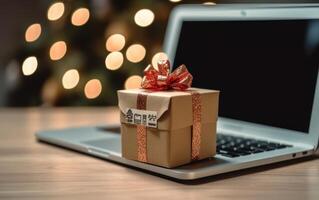 ai generiert Geschenk Box mit Laptop, Verkauf Banner, Cyber Montag Verkauf, generativ ai foto