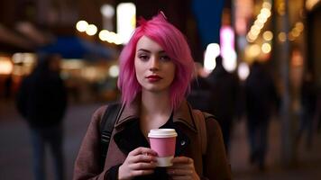 ai generiert jung schön rosahaarig weiblich Frau beim Nacht Stadt Straße halten Karton Tasse von Kaffee zu gehen, neural Netzwerk generiert Bild foto