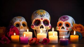 ai generiert aufwendig Weiß Schädel mit Kerzen und Blumen zum dia de los Muertos oder Tag von das tot Feier, neural Netzwerk generiert Bild foto