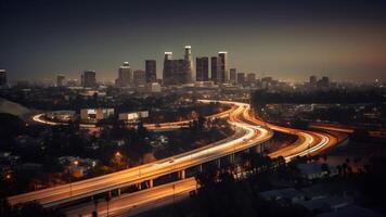 ai generiert Nacht Stadtbild Horizont Aussicht von Innenstadt los Engel Stil Western Stadt, neural Netzwerk generiert fotorealistisch Bild foto