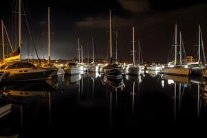 ai generiert Boote im das Hafen beim Nacht, neural Netzwerk generiert Bild foto