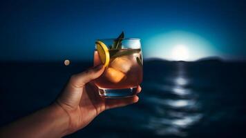 ai generiert Hand halten Glas von Cocktail auf verschwommen Meer Horizont Hintergrund beim voll Mond Nacht, neural Netzwerk generiert Bild foto