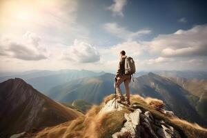 ai generiert Tourist auf Berg Gipfel beim sonnig Sommer- Tag. aktiv Leben und Freizeit Konzept. neural Netzwerk generiert fotorealistisch Bild foto