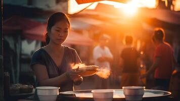 ai generiert thailändisch Frau Verkauf pho beim Abend Straße Markt, neural Netzwerk generiert Bild foto