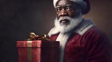 ai generiert afrikanisch amerikanisch Santa claus mit Geschenk Kasten, schließen Porträt mit rembrandt Beleuchtung, neural Netzwerk generiert Kunst foto