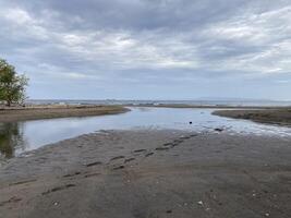 Sandbank ist gebildet beim niedrig Tide von Wasser Wellen sanft streicheln warm Sand foto