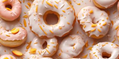 ai generiert Nahansicht Aussicht von köstlich Donuts mit Glasur und Sträusel im modisch Pfirsich Flaum Farben foto