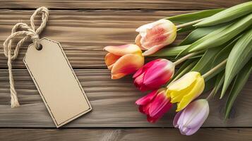 ai generiert leer Etikett mit frisch Frühling Tulpen foto