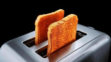 Toaster mit zwei Scheiben von Toast. Backen Brot. einfach Frühstück Szene von Toast im ein Toaster. foto