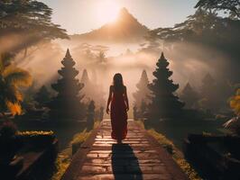 ai generiert Silhouette von ein schön Frau im ein lange rot Kleid Gehen im das Tempel. foto