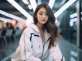 ai generiert schön asiatisch Frau im Sportbekleidung Gehen im das Stadt foto