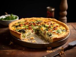 ai generiert gebacken Quiche mit Spinat, Speck und Käse auf hölzern Tabelle foto