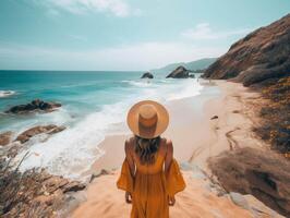 ai generiert jung Frau im Orange Kleid und Stroh Hut Gehen auf schön Strand. foto