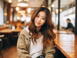 ai generiert Porträt von ein schön jung asiatisch Frau Sitzung im Kaffee Geschäft foto