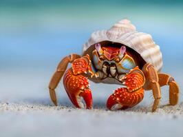 ai generiert Einsiedler Krabbe auf das Sand im das Meer, Nahansicht foto