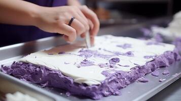 ai generiert Herstellung köstlich lila schweizerisch rollen Kuchen foto