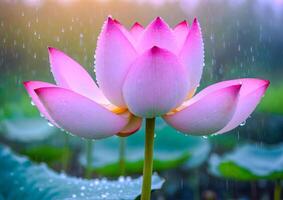 ai generiert Rosa Lotus Blüten im ein Garten Teich foto