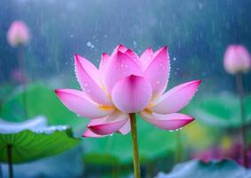 ai generiert Rosa Lotus Blüten im ein Garten Teich foto