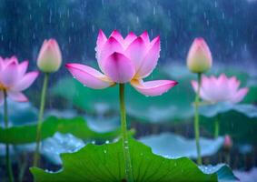 ai generiert Rosa Lotus Blüten im ein Garten Teich foto