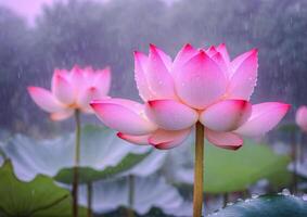 ai generiert Rosa Lotus Blüten im ein Garten Teich foto