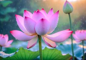 ai generiert Rosa Lotus Blüten im ein Garten Teich foto