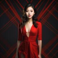 ai generiert ein Frau im ein rot Kleid posieren im Vorderseite von ein rot Hintergrund foto