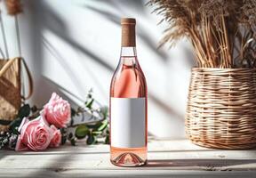 ai generiert Rose Wein, Flasche von Rose Wein mit leer Etikette und Blumen im natürlich Tageslicht, Attrappe, Lehrmodell, Simulation foto