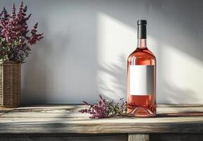 ai generiert Rose Wein, Flasche von Rose Wein mit leer Etikette und Blumen im natürlich Tageslicht, Attrappe, Lehrmodell, Simulation foto