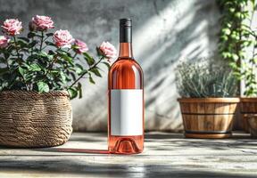 ai generiert Rose Wein, Flasche von Rose Wein mit leer Etikette und Blumen im natürlich Tageslicht, Attrappe, Lehrmodell, Simulation foto