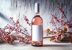 ai generiert Rose Wein, Flasche von Rose Wein mit leer Etikette und Blumen im natürlich Tageslicht, Attrappe, Lehrmodell, Simulation foto