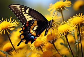 ai generiert bunt Schmetterling Sitzung auf ein beschwingt Gelb Blume, Insekten und Schmetterlinge Konzept foto