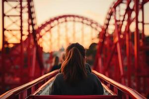 ai generiert betäubt begeistert glücklich komisch schockiert erstaunt Wunder schreiend Geschrei Mädchen erschrocken Angst Frau öffnen Mund Schrei schreien Schrei froh Reiten Achterbahn Amüsement Park tolle foto