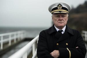 ai generiert Porträt gut aussehend erfahren ernst zuversichtlich Senior Alten Mann passen stark Haltung Kapitän Flugzeug Pilot Matrose Offizier Kreuzfahrt Schiff Yacht. Navigation Fluggesellschaft Abenteuer Tourismus Reise foto