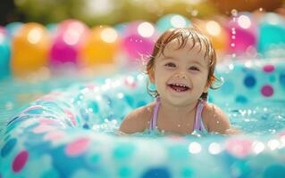 ai generiert glücklich Kleinkind spielen im Schwimmbad planschen Wasser freudig, Kinder und Wasser Konzept foto