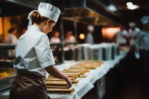 ai generiert Meister Koch Koch Frau Hände genau Kochen Dressing vorbereiten lecker frisch köstlich lecker Gourmet Gericht Essen auf Teller Kunden 5 Sterne Michelin Restaurant Küche Nahansicht foto