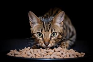 ai generiert bezaubernd wenig süß flauschige reinrassig hungrig Katze Kitty Essen Essen von Schüssel gefüllt trocken nass Katze Essen Haustier Inhaber Fütterung im Küche. inländisch Tier Leben Gesundheit Pflege Liebe Veterinär auf schwarz foto