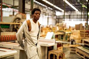 afrikanisch Mann Arbeitskräfte Ingenieurwesen Stehen mit Vertrauen mit Arbeiten Suite Kleid und Hand Handschuh im Vorderseite Maschine. Konzept von Clever Industrie Arbeiter Betriebs. Holz Fabrik produzieren Holz Gaumen. foto