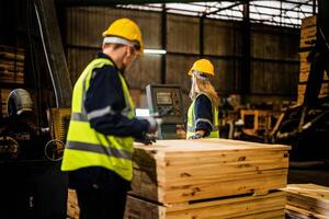 Mannschaft Arbeiter Zimmermann tragen Sicherheit Uniform und schwer Hut Arbeiten und Überprüfung das Qualität von hölzern Produkte beim Werkstatt Herstellung. Mann und Frau Arbeitskräfte Holz im dunkel Warenhaus Industrie. foto