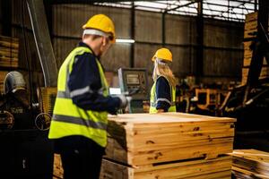 Mannschaft Arbeiter Zimmermann tragen Sicherheit Uniform und schwer Hut Arbeiten und Überprüfung das Qualität von hölzern Produkte beim Werkstatt Herstellung. Mann und Frau Arbeitskräfte Holz im dunkel Warenhaus Industrie. foto