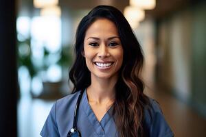 ai generiert generativ ai Bild von Porträt von lächelnd jung spanisch weiblich Arzt im Uniform und Stethoskop suchen beim Kamera während Stehen im Flur gegen verschwommen Innere von Krankenhaus foto