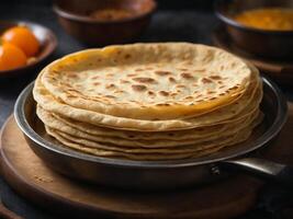 ai generiert hapati tava Roti ebenfalls bekannt wie indisch Brot oder Fulka Phulka. Main Zutat von Mittagessen Abendessen im Indien Pakistan foto