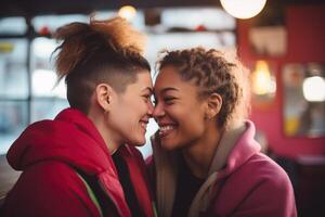 ai generiert lgbt Lesben Paar Liebe Momente Glück.LGBT Beziehung Konzept foto